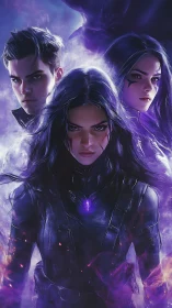 Triad of violet-shadowed superhumans in tactical armor