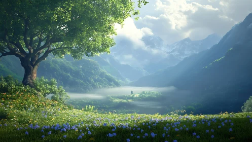 Valley of mist and wildflowers beneath watchful mountains.