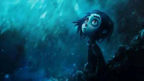 Cinematic digital painting of pensive child in teal gloom.