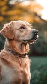 Golden retriever in warm sunset portrait outdoors.
