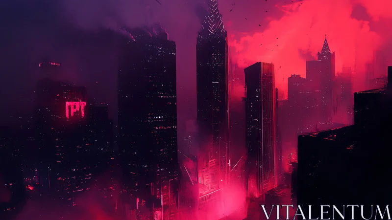 Neon magenta cyberpunk skyline with fog-drenched skyscrapers