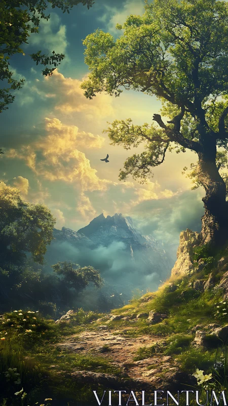 Sunlit alpine trail leads toward mist-shrouded mountain peaks