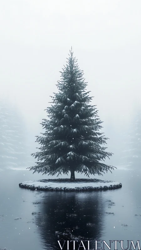 Snow covered evergreen tree on small island in foggy lake