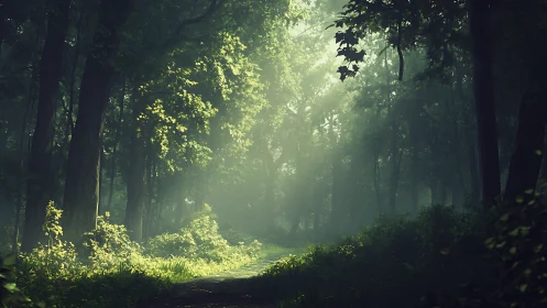 Sunlit Forest Path Invites Peaceful Wandering Through Woods
