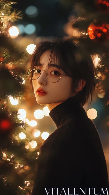 Photorealistic portrait beside luminous holiday bokeh tree.