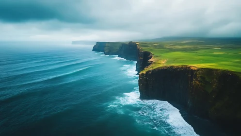 Coastal sea cliffs with green plateau under overcast sky.