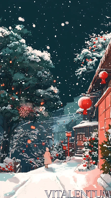 Anime winter street scene with lantern-lit architectural framing.