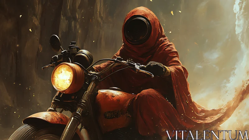 Hooded motorcyclist with featureless helmet rides forward