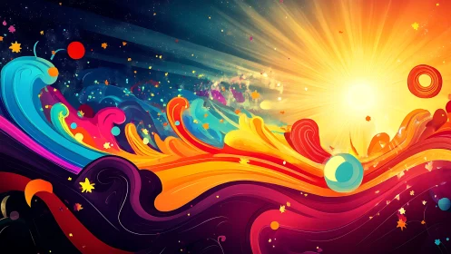 Solar paint tides crash through a neon cosmic shoreline.