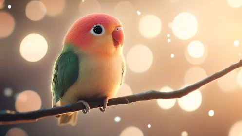 Vibrant lovebird on branch in dreamy, soft-focus bokeh effect.