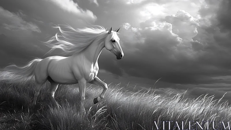 Stormlit white horse trotting through wind-kissed grasses.