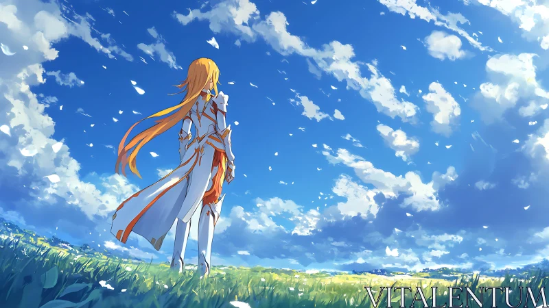 Backlit anime figure surveys dynamic cumulus sky over meadow