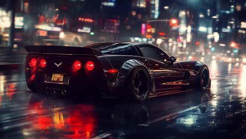 Aerodynamic street racer under neon rainfall at night.