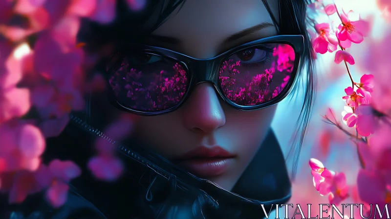 Female figure with sunglasses among bright pink blossoms.
