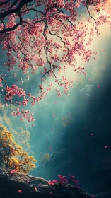 Soft sunlight drifts through cherry blossoms in a dreamy valley