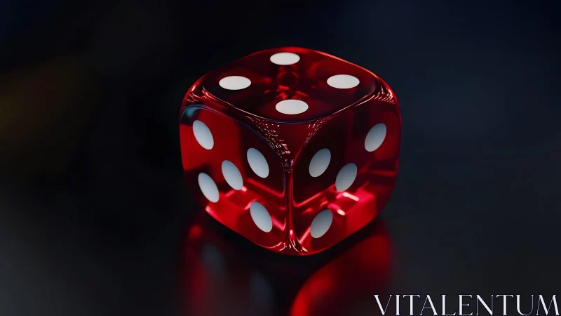 Shiny red translucent dice on dark reflective surface, digital art.