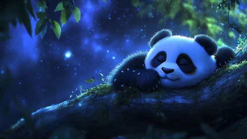 Sleepy cartoon panda resting on moonlit forest branch.