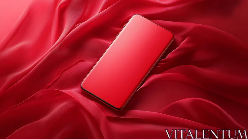 Crimson smartphone resting softly on flowing red silk folds.