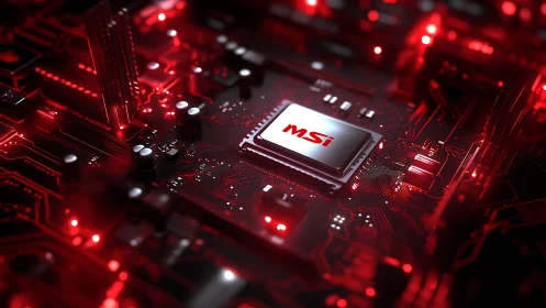 MSI branded processor on illuminated red motherboard.