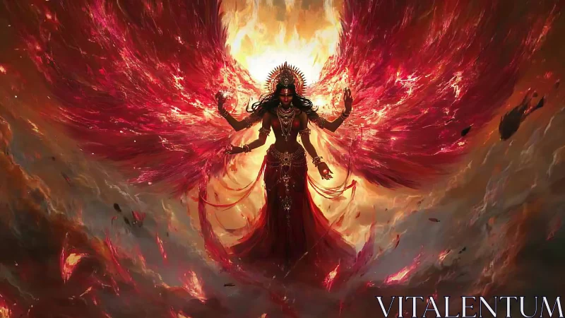 Fiery winged goddess rising from swirling cosmic flames.