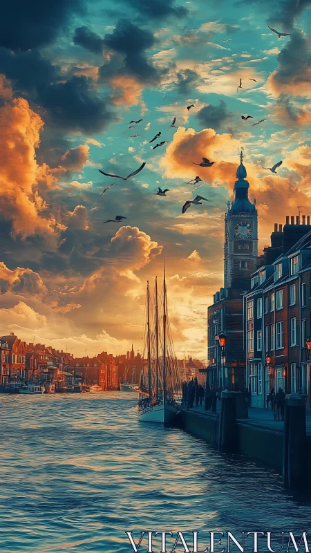 Sunlit canal cityscape with clocktower, sailboats and dramatic clouds