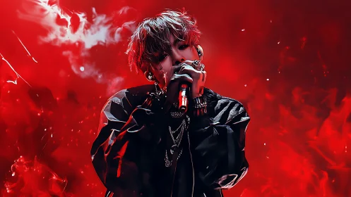 Dynamic red-lit vocalist commands the stage in smoky haze