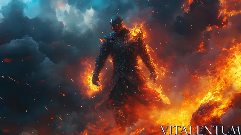 Armored humanoid figure in flames amid dense storm clouds.