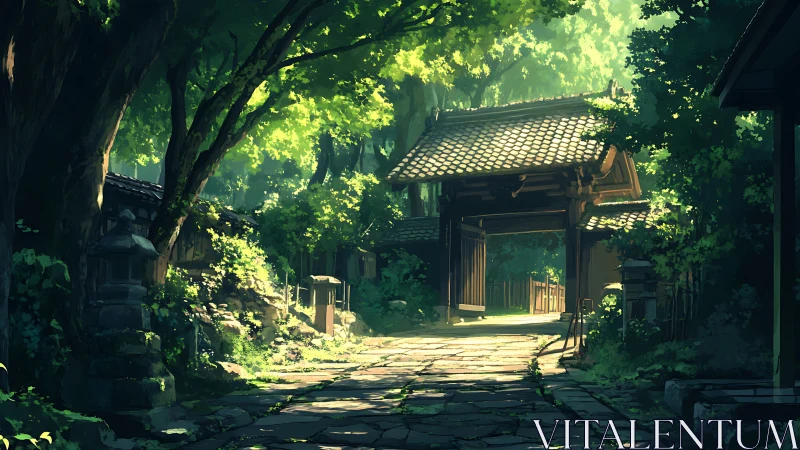 Sunlit stone path leads to traditional wooden gate in forest