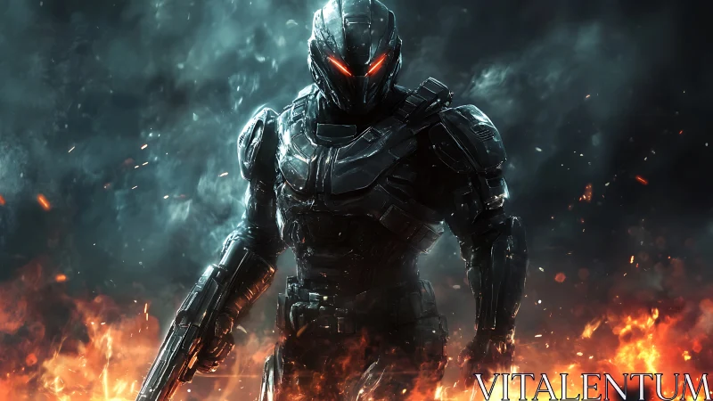 Armored phantom strides through firelit futuristic battlefield