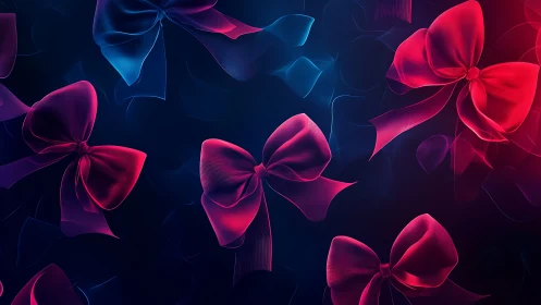 Neon ribbon bows drifting through a dreamy midnight glow.