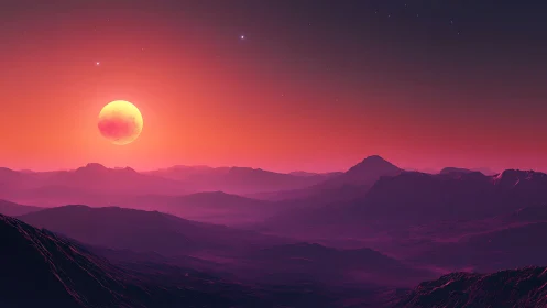 Crimson alien twilight quietly crowns the violet ridges