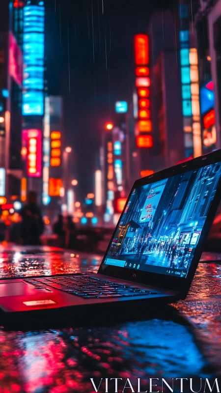 Open laptop on wet neon city street at night in the rain.