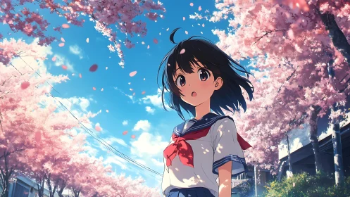 Schoolgirl pauses under drifting cherry blossoms in spring.