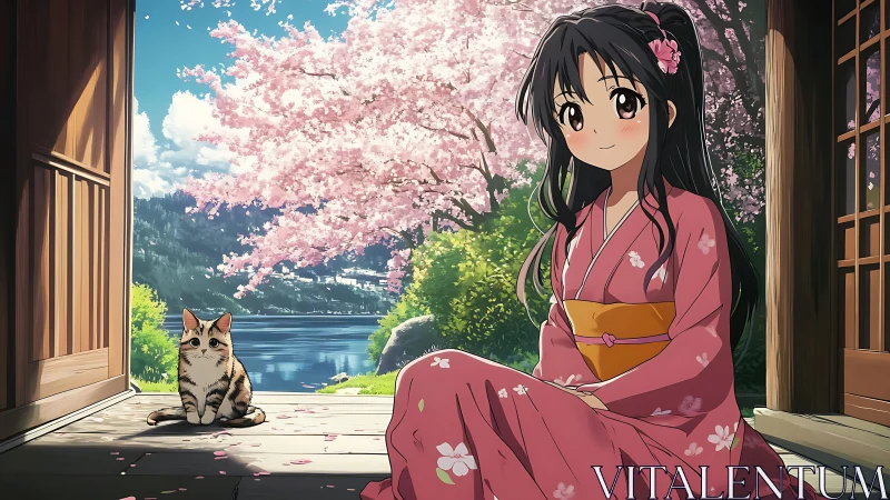 Girl in pink kimono sits with cat before cherry blossoms