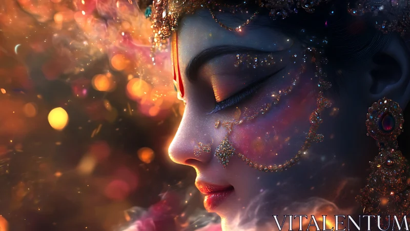 Celestial goddess portrait glows in swirling cosmic light