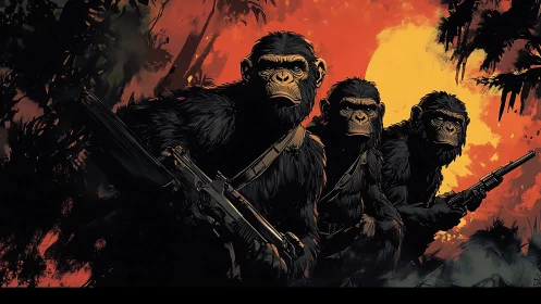 Armed gorilla squad advances through jungle at sunset.