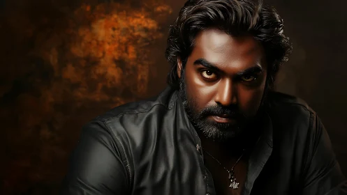 Bearded man in dark leather jacket against textured backdrop.