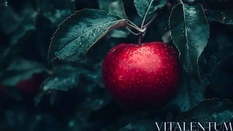 Ripe red apple hanging on tree branch with wet leaves.