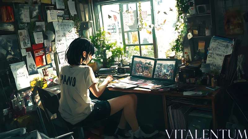 Daylight quietly crowns the cluttered animator’s refuge