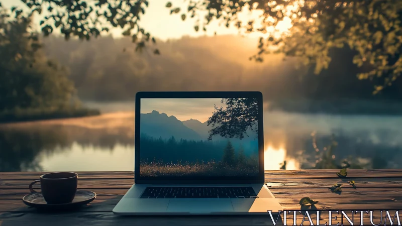 Laptop reflects tranquil lakeside sunrise in soft focus.