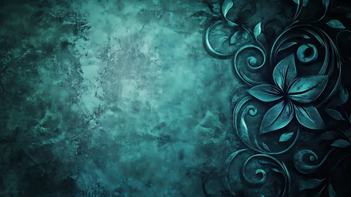 Turquoise relief florals on textured grunge background surface.