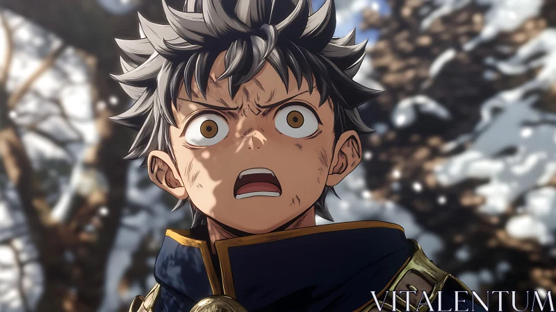 Snowlit gasp of a young hero on the edge of battle.