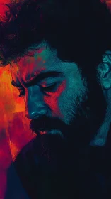 Side-lit male portrait uses neon duotone contrast and textured shading