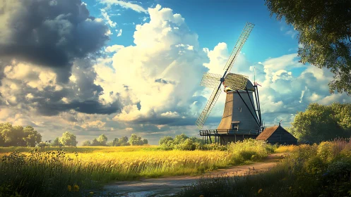 Sunlit country windmill under painterly summer clouds.