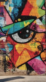 Street mural eye bursts through bold geometric color blocks.