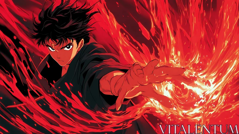 Male anime figure controlling concentrated red energy burst.