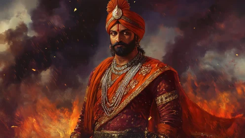 Regal warrior in ember-lit storm wrapped in royal orange.