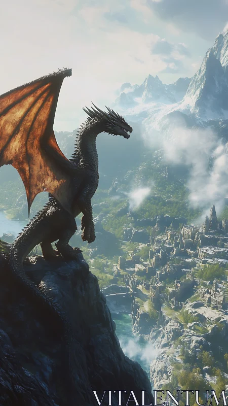 Mountain dragon overlooking ruined valley city at dawn.