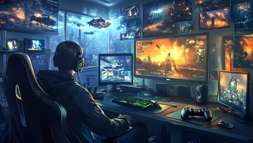 Person operates multi-screen gaming workstation facing cityscape