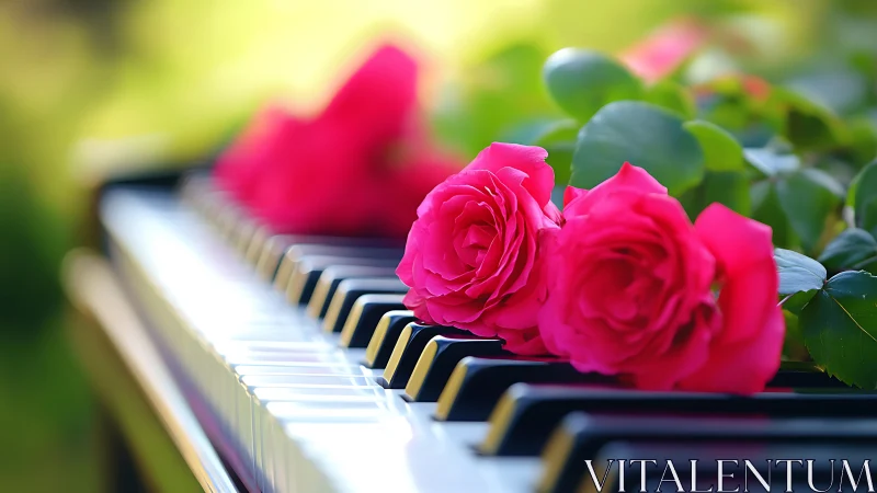 Pink roses lie on glossy piano keys in soft daylight